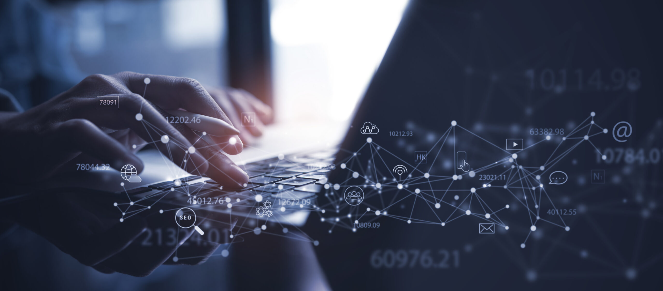 Digital marketing, online business technology, social media advertisement, business plan and strategy concept. Businessman with digital media marketing, IoT Internet of Things